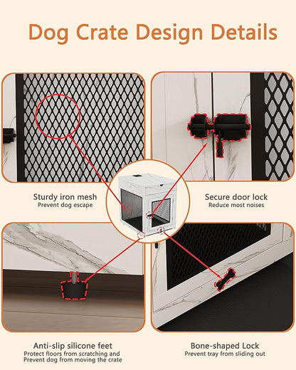 Piskyet Dog Crate Furniture,Wooden Dog Crate End Table with Storage Drawer&Cushion&Tray, QC3.0 Wireless Charging,Dual USB,Small Dogs Marble White