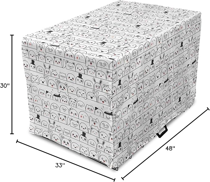 Lunarable Cartoon Dog Crate Cover, Funny Creatures and Monsters Doodle Faces in Manga Style Emotions, Easy to Use Pet Kennel Cover for Medium Large Dogs, 48 Inch, Charcoal Grey Coral White
