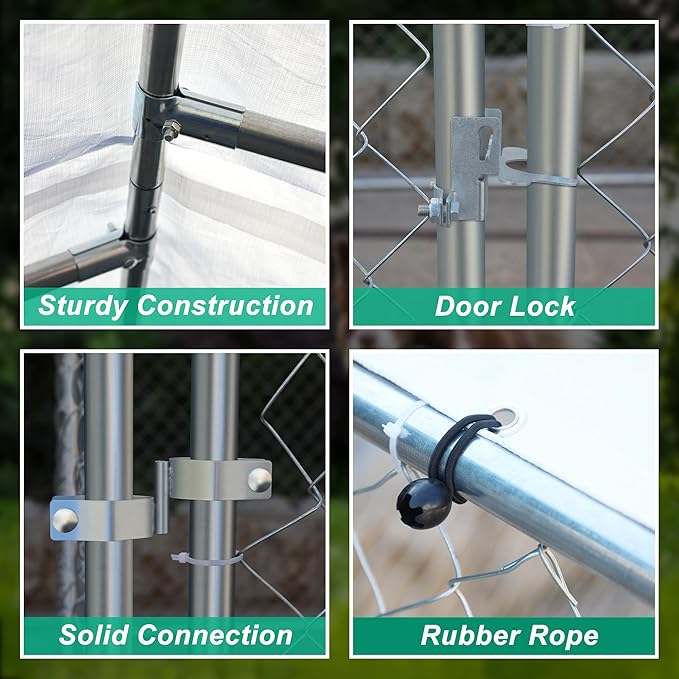 KELRIA Large Outdoor Dog Kennel with Waterproof Roof, Heavy Duty Dog Cage w/Secure Lock, Galvanized Steel Dog Fence House Enclosure, Dog Playpen for Outside Backyard, Silver (177.6x177.6x91.2 in)