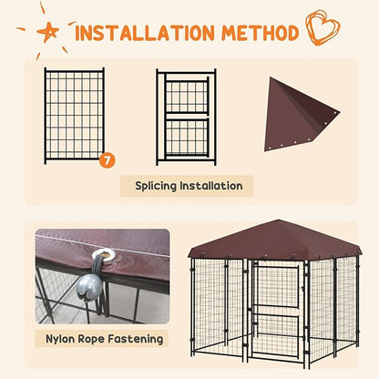 PawHut 4.6' x 5' Dog Kennel Outdoor with Waterproof Cover, Dog Playpen for Small and Medium-Sized Dogs with Two Part Door Design, Brown