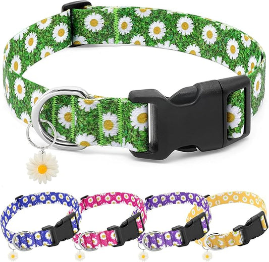 BiPawTi Green Dog Collars for Large Dog - St. Patrick's Day Dog Collars for Girls Dog, Cute Flower Spring Dog Collar with Daisies Charms, Gift for Female Male Boys Girls Dogs (L, Green)