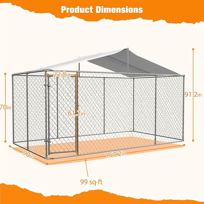 Large Outdoor Dog Kennel, Heavy Duty Galvanized Steel Dog Enclosure, Chicken Coop w/Waterproof UV-Resistant Cover, Lockable Door Chain Link for Small & Large Pets, Backyard-157.2" L x 91.2" W x 90" H