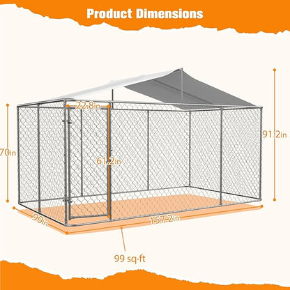 Large Outdoor Dog Kennel, Heavy Duty Galvanized Steel Dog Enclosure, Chicken Coop w/Waterproof UV-Resistant Cover, Lockable Door Chain Link for Small & Large Pets, Backyard-157.2" L x 91.2" W x 90" H