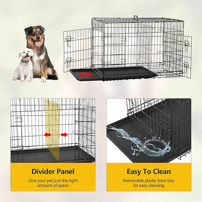 24/7 Shop at Home Gossamer Metal Double Door Folding Wire Pet Crate with Divider, Removable Tray, and Handle for Outdoor and Indoor Medium Dog, 48-inch, Black
