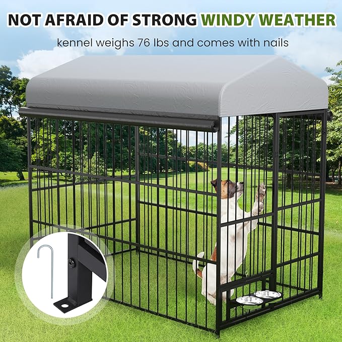 Rovibek Outdoor Dog Kennel with Roof, Dog Kennel Outside Heavy Duty Dog Playpen, Dog Run Enclosure with 2 Rotating Bowl & Sun-Proof Cover Dogs