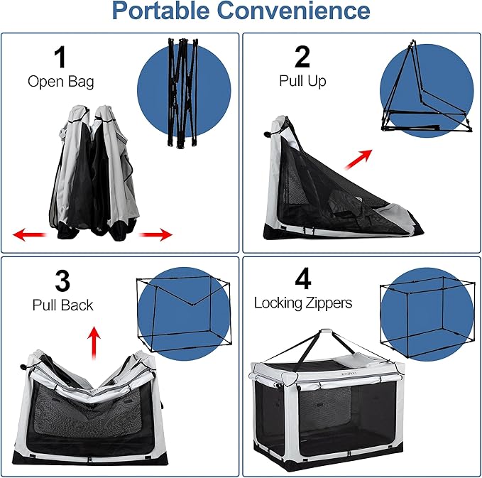 Soft Collapsible Dog Crate - 42 Inch Portable Travel Crate with Extra Space Indoor & Outdoor, 4-Door Foldable Pet Kennel with Durable Mesh Windows, Light Gray