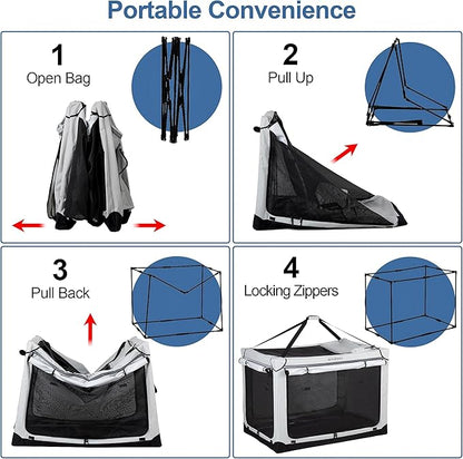 Soft Collapsible Dog Crate - 48 Inch Portable Travel Crate with Extra Space Indoor & Outdoor, 4-Door Foldable Pet Kennel with Durable Mesh Windows, Light Gray