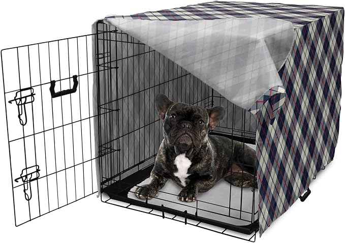 Lunarable Plaid Dog Crate Cover, Celtic Fashion Diagonal Retro Style Classical Irish Culture Inspiration, Easy to Use Pet Kennel Cover for Cats & Medium Dogs, 24 Inch, Night Blue Red Beige