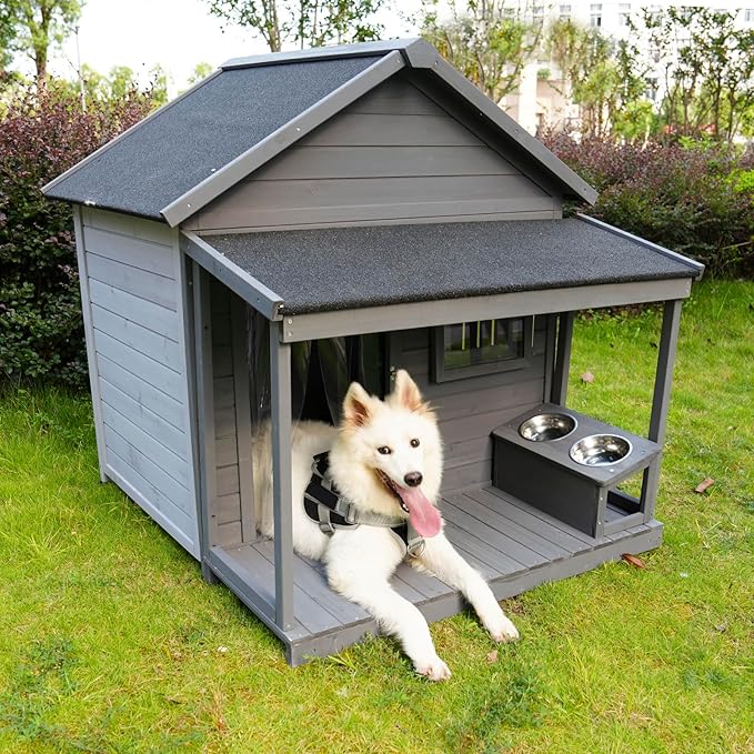 YOTPO Large Outdoor Fir Wood Dog House with Spacious Terrace,Breathable Window&2 Feeding Stainless Bowls,Dog Kennel W/Solid Asphalt Roof&Removable Floor,Dog Cage W/Resting Porch for Large Dogs,Gray