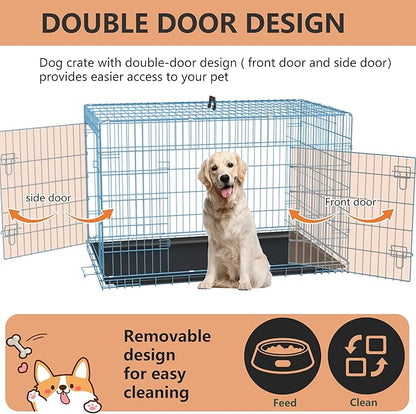 FDW XL Dog Crate Dog Kennel Cage with Double Door,42 inch Folding Metal Wire Dog Cage with Removable Tray&Divider Panel,Pet Crate for Medium Large Dogs,Blue
