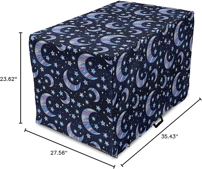 Lunarable Bohemian Stars Dog Crate Cover, Crescent Moon and Night Sky Elements Motif Curvy Background, Easy to Use Pet Kennel Cover for Medium Large Dogs, 36 Inch, Pink Blue