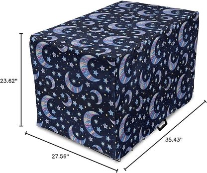 Lunarable Bohemian Stars Dog Crate Cover, Crescent Moon and Night Sky Elements Motif Curvy Background, Easy to Use Pet Kennel Cover for Medium Large Dogs, 36 Inch, Pink Blue