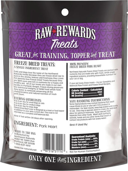 Northwest Naturals Raw Rewards Freeze-Dried Pork Heart Treats for Dogs and Cats - Bite-Sized Pieces - Healthy, 1 Ingredient, Human Grade Pet Food, All Natural - 3 Oz (Pack of 3)