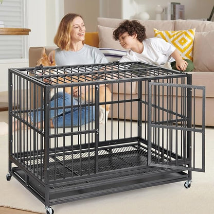 48 “ Heavy Duty Dog Crate, Cage Kennel with Wheels&Brakes, High Anxiety Indestructible, Sturdy Locks Design, Double Door and Removable Tray, for Large Pets