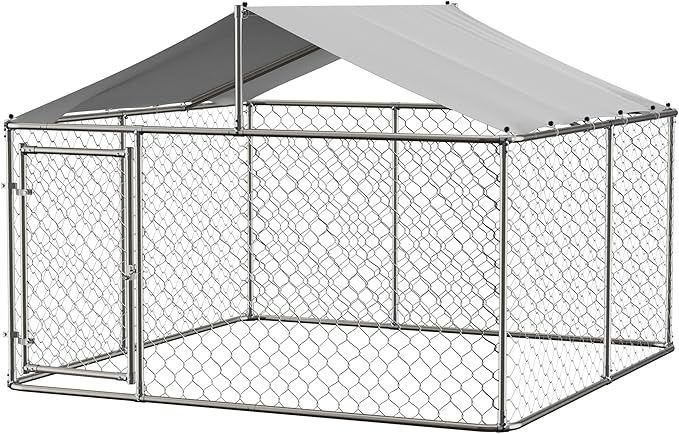 Outdoor Dog Kennel Dog Crate with Lockable Swing Gate,Water & UV Resistant Dog Enclosure Outdoor W/Pitched Roof,Heavy Duty Dog Pens Dog House Outside for Large Dogs,Gray(118"x 118")