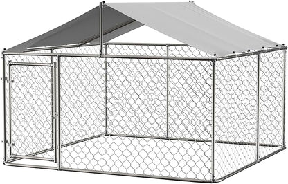 Outdoor Dog Kennel Dog Crate with Lockable Swing Gate,Water & UV Resistant Dog Enclosure Outdoor W/Pitched Roof,Heavy Duty Dog Pens Dog House Outside for Large Dogs,Gray(118"x 118")