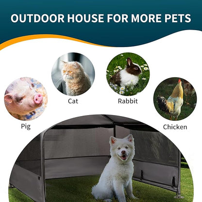 Extra Large Dog House Outdoor with Three-Sided Breathable Mesh Windows, Dog Tent Outside Doghouse Canopy with Ground Stakes, Sun Rain Cover for Cat Goat Livestock Pet, 4'x 4'x 3.3', Gray