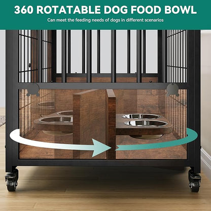 YITAHOME Dog Kennel Furniture with Feeder Bowls, 38.1" Dog Kennel End Table with Wheels and Flip Top, Furniture Style Dog Crate for Medium/Large Dogs, Brown