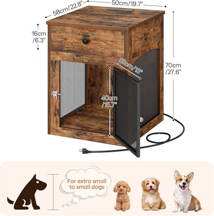 HOOBRO Dog Crate Furniture, Dog Kennel with Drawer and Charging Station, Indoor Decorative Puppy House, Wooden Pet Crate End Table for Small Dogs, Rustic Brown and Black BF58UGW03G1