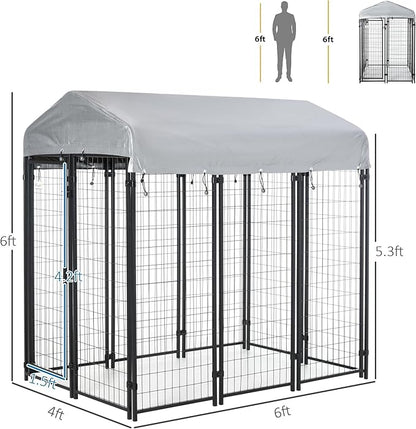 PawHut Outdoor Dog Kennel with Roof, 6' x 4' x 6' Heavy Duty Welded Wire Dog Playpen Enclosure with Escape-Proof Lock, UV-Resistant & Waterproof Cover, for Large Dogs, Silver