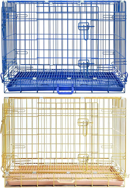 Homey Pet Medium Dog Crate, 30 Inch Dog Cage for Small Dogs, Collapsible Nano-Coating Metal Wire Small Dog Kennel Indoor with Removable Grid Tray, Double Doors, GOLD30+Blue Bundle