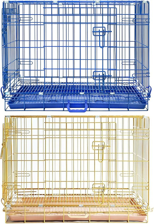 Homey Pet Medium Dog Crate, 30 Inch Dog Cage for Small Dogs, Collapsible Nano-Coating Metal Wire Small Dog Kennel Indoor with Removable Grid Tray, Double Doors, GOLD30+Blue Bundle