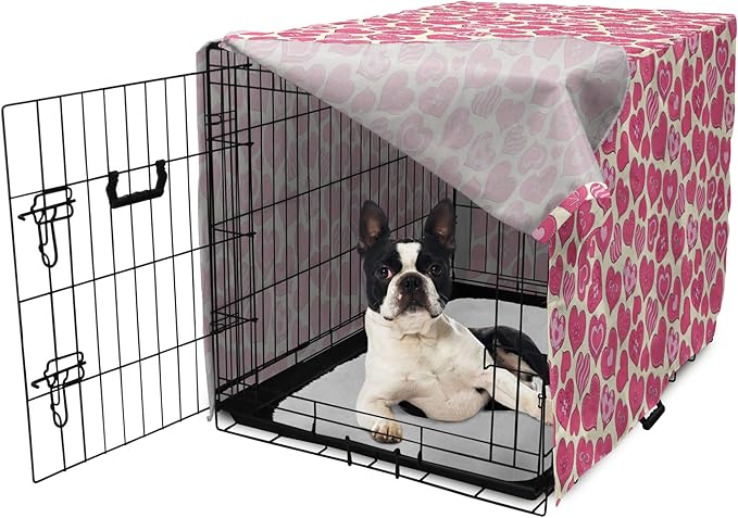 Lunarable Hearts Dog Crate Cover, Valentines Day Inspired Heart Designs with Various Styles Curved Lines Flowers Bows, Easy to Use Pet Kennel Cover for Small Dogs Puppies Kittens, 22 Inch, Cream Pink