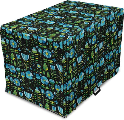 Lunarable Floral Dog Crate Cover, Abstract Flower Bouquets Dragonflies Ladybugs Butterflies on Dark, Easy to Use Pet Kennel Cover for Cats & Medium Dogs, 30 Inch, Blue Green and Charcoal Grey