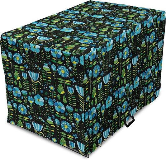 Lunarable Floral Dog Crate Cover, Abstract Flower Bouquets Dragonflies Ladybugs Butterflies on Dark, Easy to Use Pet Kennel Cover for Cats & Medium Dogs, 30 Inch, Blue Green and Charcoal Grey