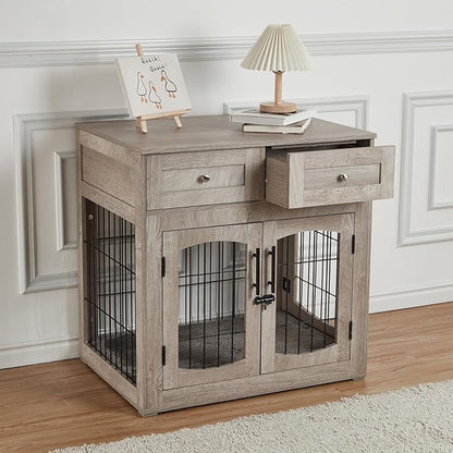 Dog Crate Furniture with Cushion,Wooden Dog Kennels Indoor with 2 Drawers,Dog Furniture Crate End Table with Storage