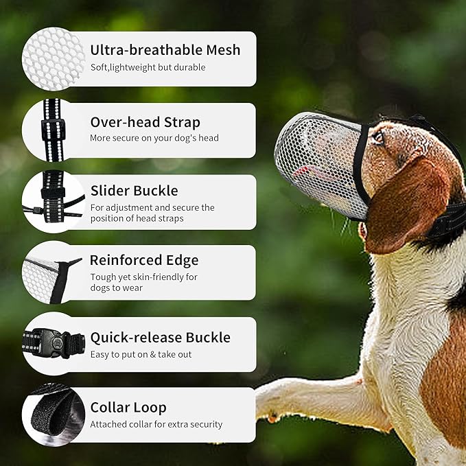Dog Muzzle, Breathable Soft Muzzle for Medium to Large Dogs to Anti & Prevent Barking Biting Chewing, Reflective & Adjustable Basket Muzzle with Air Mesh for Beagle Grey L