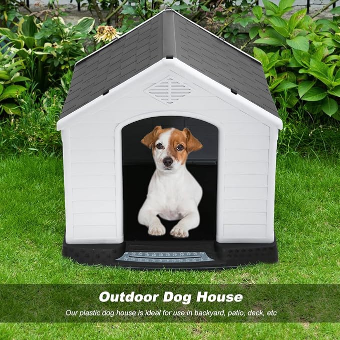 FDW Dog House Indoor Outdoor Durable Ventilate Waterproof Pet Plastic Dog House for Small Medium Large Dogs Insulated Puppy Shelter Kennel Crate with Air Vents and Elevated Floor