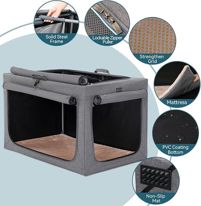 PETSFIT Travel Dog Crate, Soft Sided Dog Crate - 36 Inch Easy Set-up, Light, Sturdy, Comfy Inside with Thicken Mat, Collapsible Crate for Home and Travel Grey