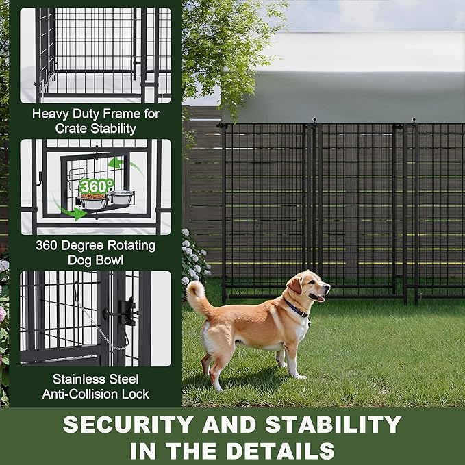 Greesum Large Outdoor Dog Kennel, Heavy Duty Welded Wire Steel Dog Playpen Fence with Secure Lock/UV-Resistant Waterproof Roof Cover/Rotaing Feeder Bowls, for Small/Medium/Large Dogs, XL