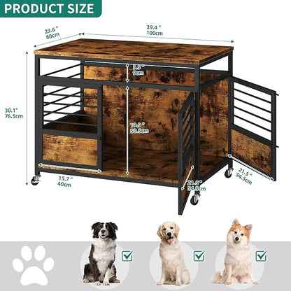 YITAHOME 39" Dog Crate Furniture with Wheels, Farmhouse Decorative Wood Dog Cage End Table Chew-Resistant Wooden Dog Kennel Indoor for Small Dogs, Rustic Brown