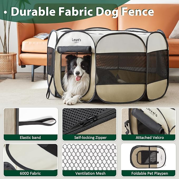 Love's cabin Pet Puppy Dog Playpen, Large Dog Tent Crates Cage Indoor/Outdoor, Portable Playpen for Cat, Foldable Pop Up Dog Kennel Playpen with Carring Case, Removable Zipper Top, Khaki
