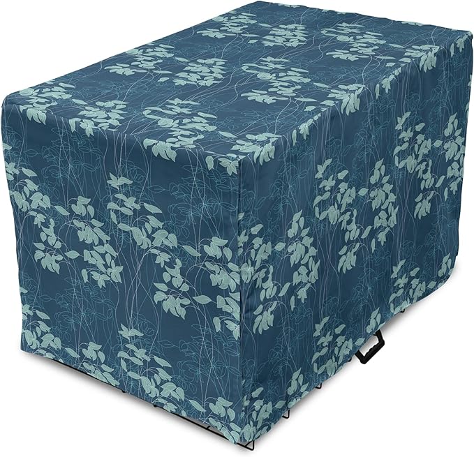 Lunarable Blue Floral Dog Crate Cover, Abstract Leaves and Outlines Rural Field Garden Foliage Art, Easy to Use Pet Kennel Cover for Cats & Medium Dogs, 24 Inch, Green Night