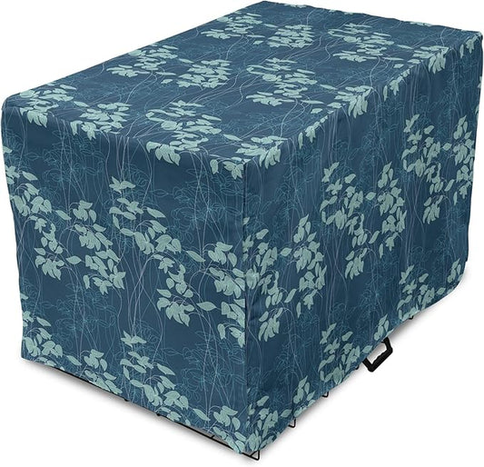 Lunarable Blue Floral Dog Crate Cover, Abstract Leaves and Outlines Rural Field Garden Foliage Art, Easy to Use Pet Kennel Cover for Cats & Medium Dogs, 24 Inch, Green Night