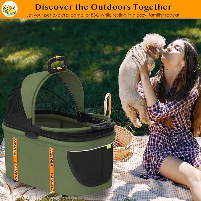 PAWZIDEA Portable Small Dog Crate for Car Travel, Enclosed Pet Car Seats for Small/Medium Dogs & Cats, Reversible No-Zip Canopy, Soft-Sided Pet Carrier Crates, Foldable Travel Dog Kennel, Metal Frame