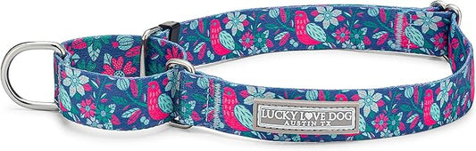 Lucky Love Dog, Whimsical Bird Martingale Dog Collar, Vivid Pink, Mint, Blue Flowers Large No Slip Dog Collar - (L, Carriebelle Mart)