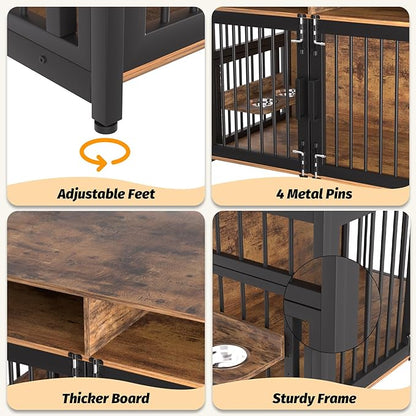 Dog Crate Furniture, Large Dog Cage with 2 Open Storage Shelves, 41 Inch Dog Kennel with Adjustable Raised Feeders, Indoor Heavy Duty Metal End Table Dog Crate for Large/Medium Dogs