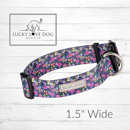 Lucky Love Dog Wide Dog Collar - Adjustable, Durable, Soft Webbing, & Comfortable 1.5 inch Wide Collar for Dogs Male and Female - in Primrose Pattern with Strong Buckle, Medium Size