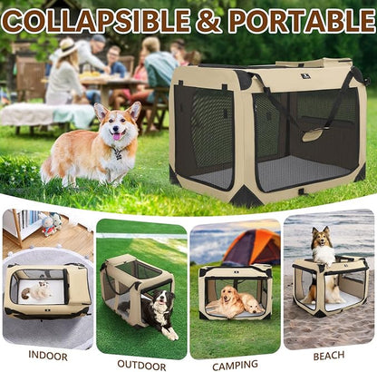 X-ZONE PET Dog Crate 3-Door Kennel, Collapsible Portable Soft Sided Pet Carriers for Indoor & Outdoor, Multiple (28-Inch, Rice White)