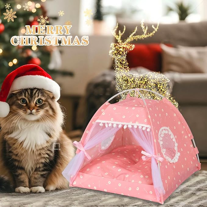 Gigreinc Cat Princess Indoor Tent House Pet Dog Cute Floral Cave Nest Bed Portable Dog Tents (M:38x38x36cm/15x15x14inch, Daisy Pink)