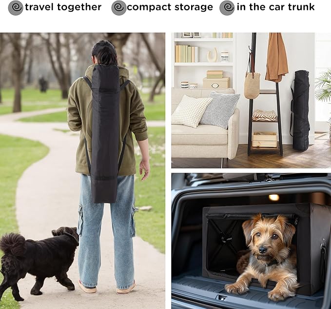 Travel Dog Crate - 37 Inch Collapsible Portable Foldable Crates for Large Dogs with Detachable Storage Bag, Removable Pad, and Mesh Windows for Outdoor & Indoor (Black)