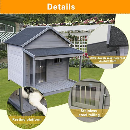 Outdoor Large Dogs House with Spacious Terrace,Open Waterproof Asphalt Roof Dog Kennel W/Breathable Window and Door Curtain,Fir Wood Dog Cage for Large Dogs,Easy to Assemble,Gray