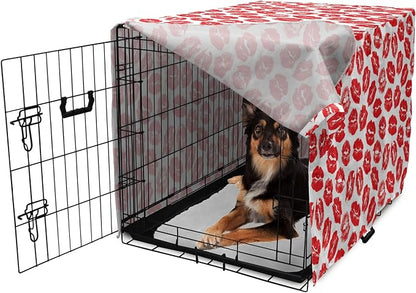 Lunarable Kiss Dog Crate Cover, Rhythmic Make up Red Luscious Lips Lipstick Imprint Illustration, Easy to Use Pet Kennel Cover for Medium Large Dogs, 36 Inch, Dark Pink and White