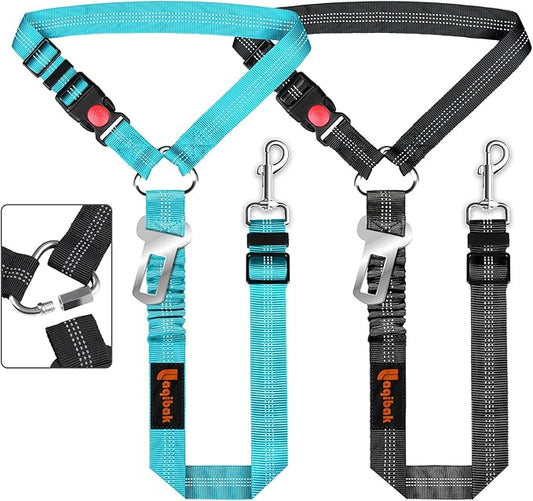 Removable Dog Seat Belt Harness for Car, 3 in 1 Pet Dog Car Seatbelt Leash, Retractable Restraint Secures to Vehicle Headrest & Adjustable Reflective Bungee Dog Seatbelt Tether with Poop Bag Holder