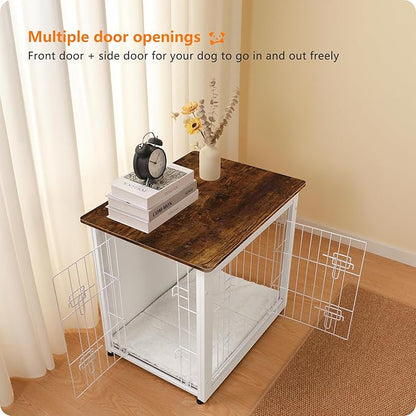 DWANTON Dog Crate Furniture with Cushion, Wooden Dog Crate with Double Doors, Dog Furniture, Dog Kennel Indoor for Small Dog，End Table, 27.2" L, White+Rustic Brown