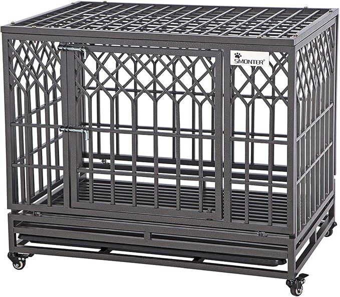 SMONTER 38" Heavy Duty Dog Crate Strong Metal Pet Kennel Playpen with Two Prevent Escape Lock, Large Dogs Cage with Wheels, Y Shape, Dark Silver … …